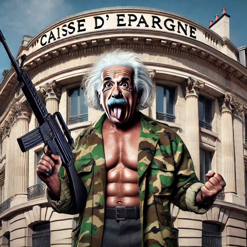 Albert Einstein en commando devant une banque